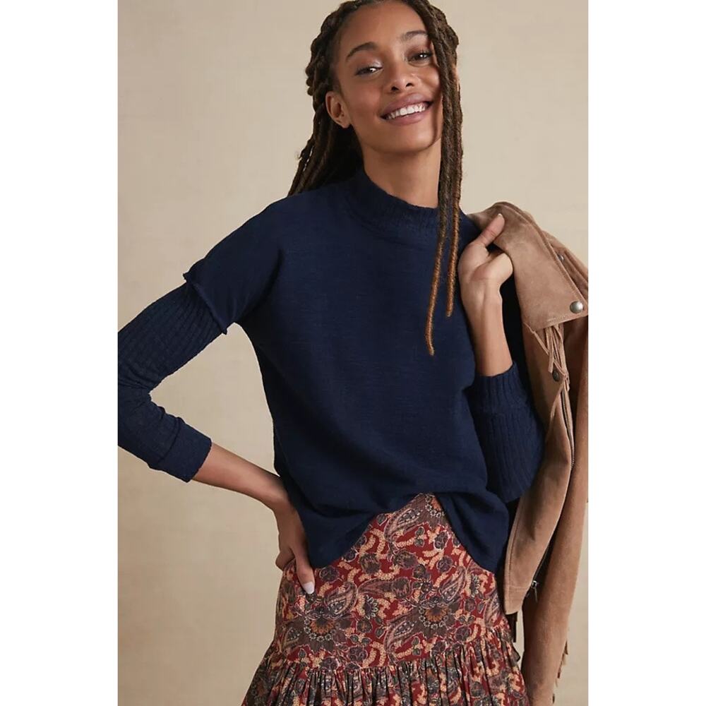 NWT Anthropologie Amadi Navy Mock Neck Mixed Knit Ribbed Sleeve Top Womens Sz XS - Picture 3 of 13